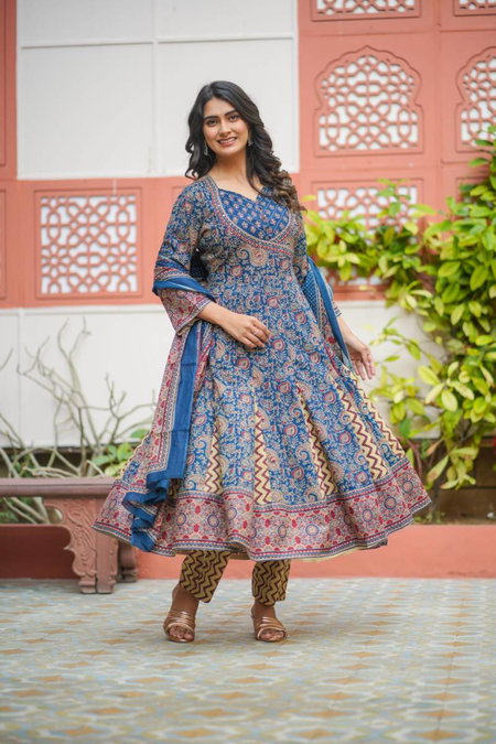 Naisha K 33 Cotton Printed Long Anarkali Kurti Set Exporters In India